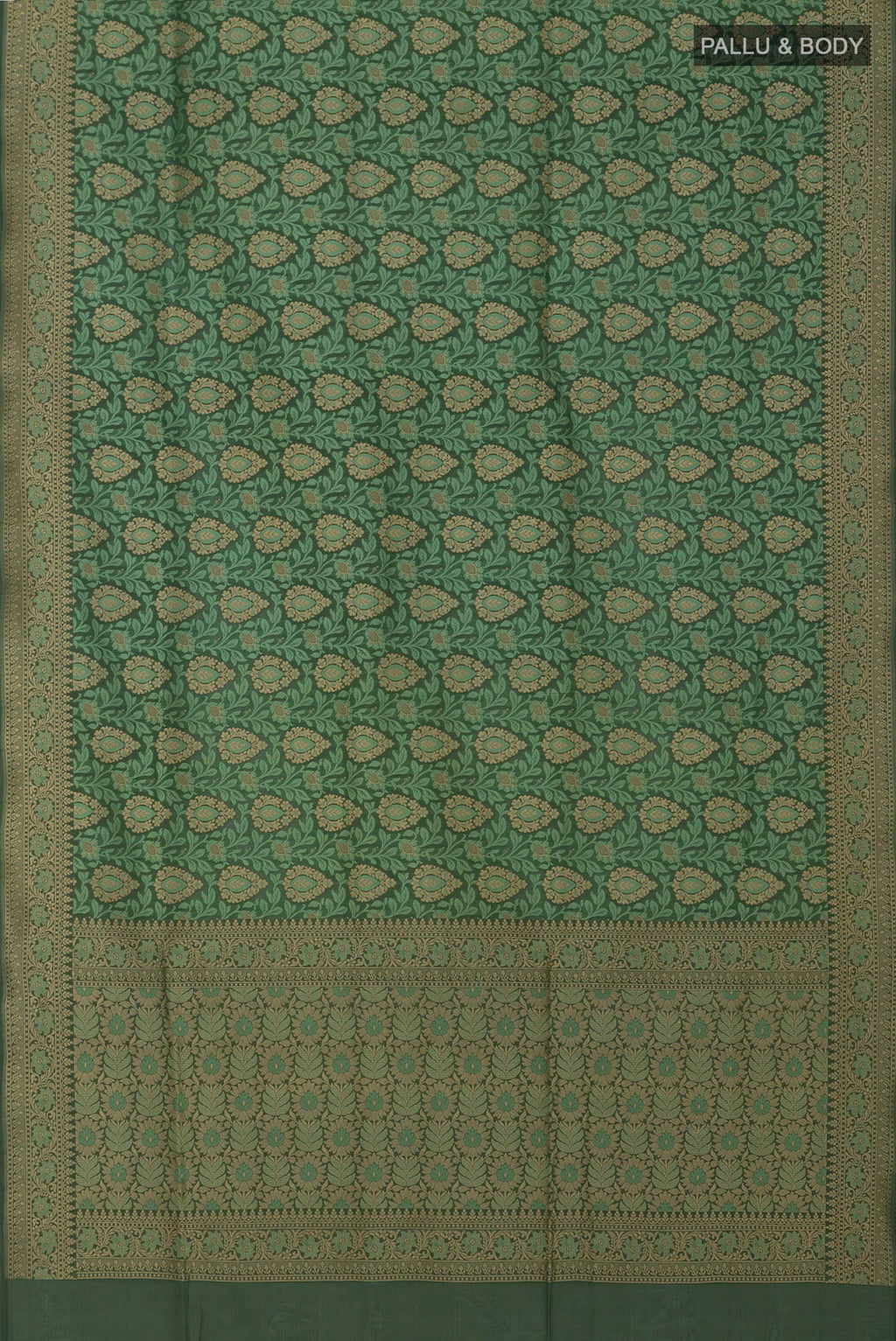 Flat view of Green Banarasi Silk Saree with Jacquard With Zari Butta on the body and Fancy Border. 