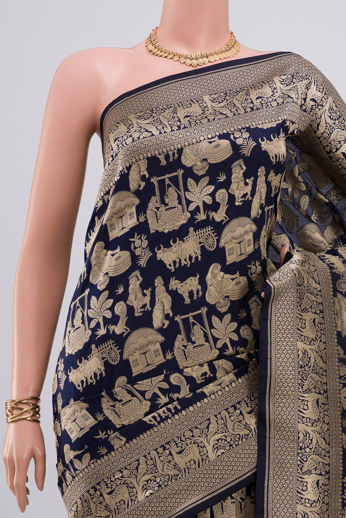 Border image of Navy Blue Banarasi Saree with Zari Brocade on the body and Fancy Border. 