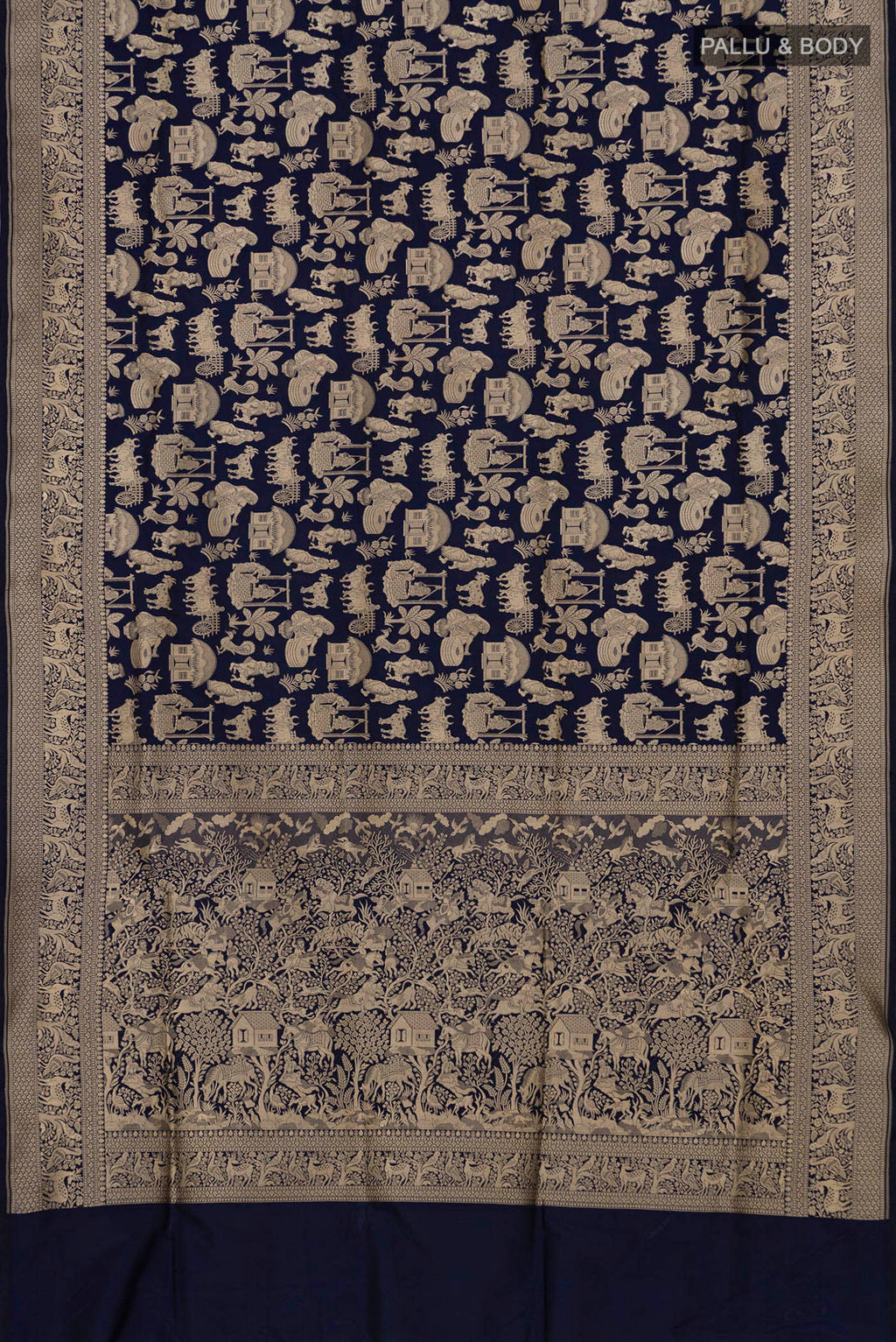 Flat view of Navy Blue Banarasi Saree with Zari Brocade on the body and Fancy Border. 