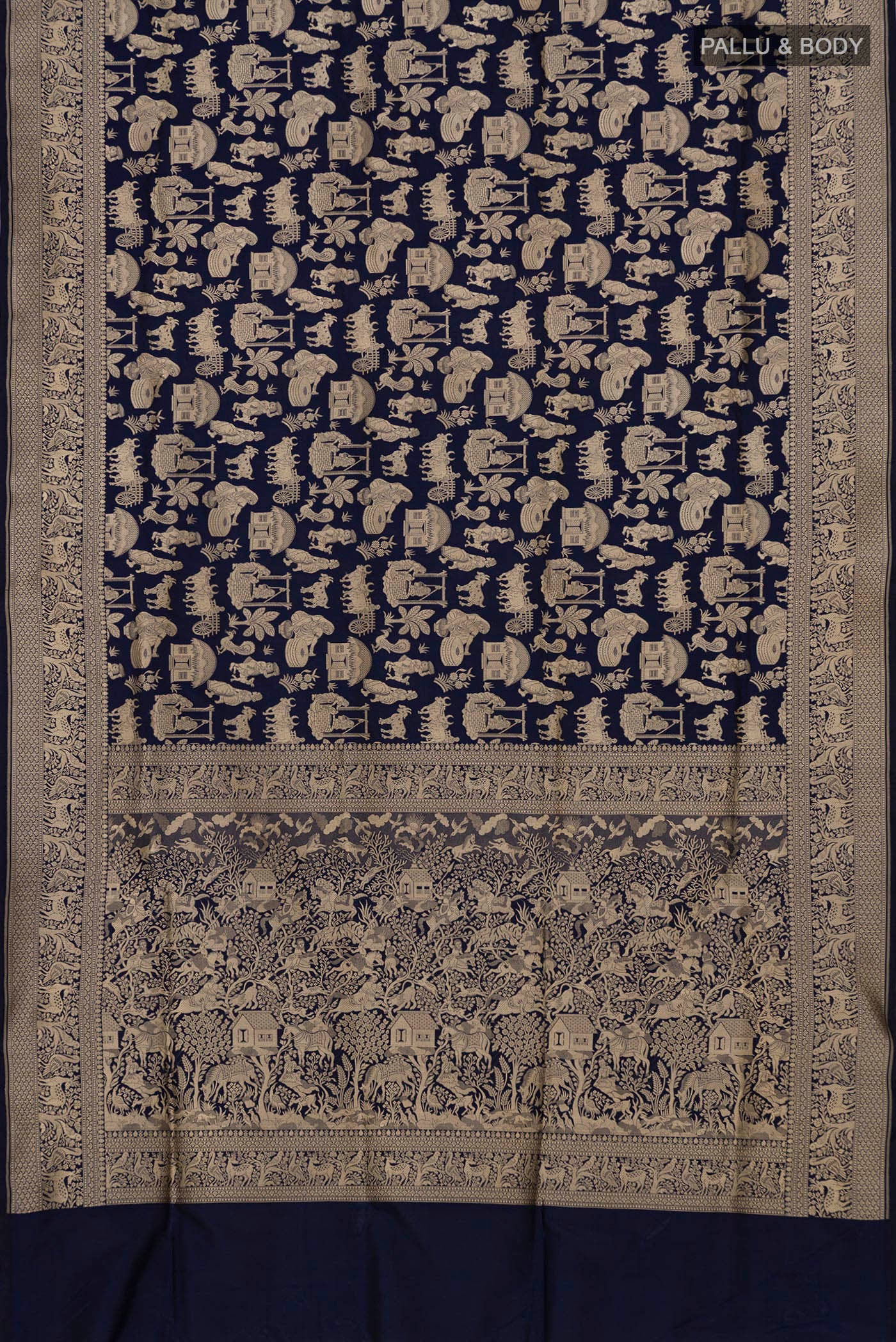 Flat view of Navy Blue Banarasi Saree with Zari Brocade on the body and Fancy Border. 