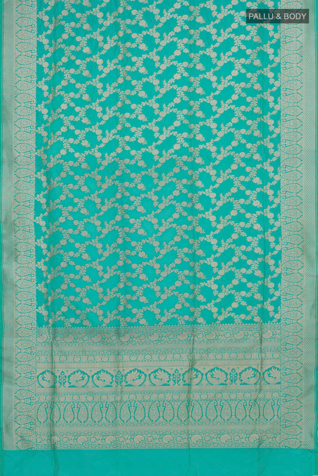 Flat view of Pure Silk Turquoise Banarasi Saree with Zari Brocade on the body and Zari Border. 