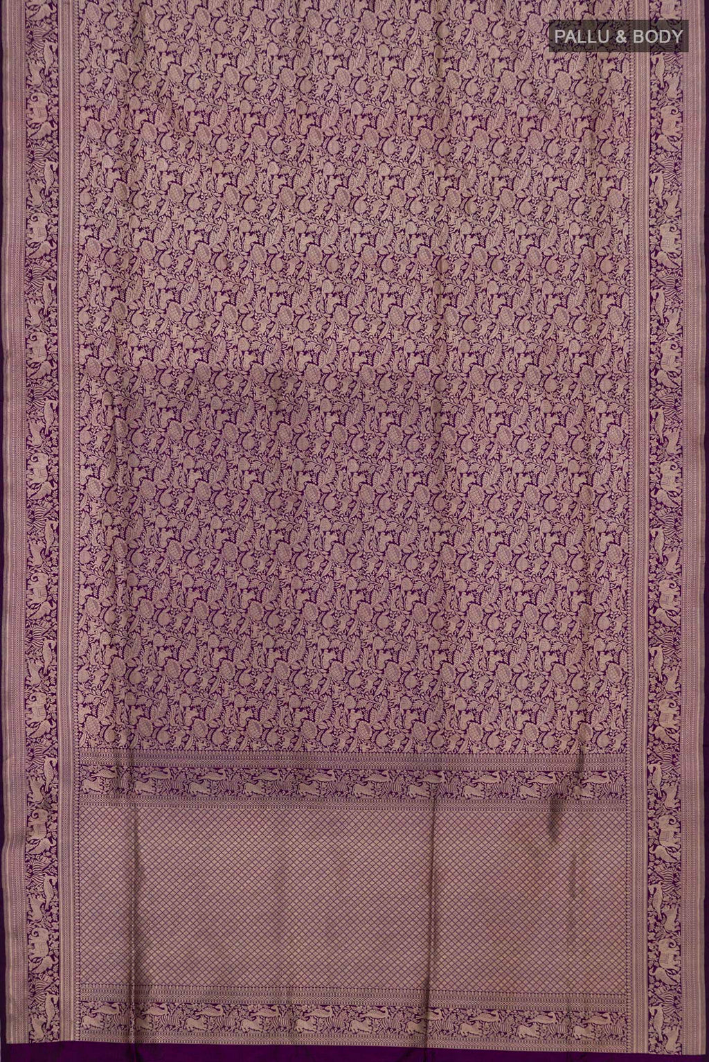 Flat view of Pure Silk Purple Banarasi Saree with Zari Brocade on the body and Zari Border. 