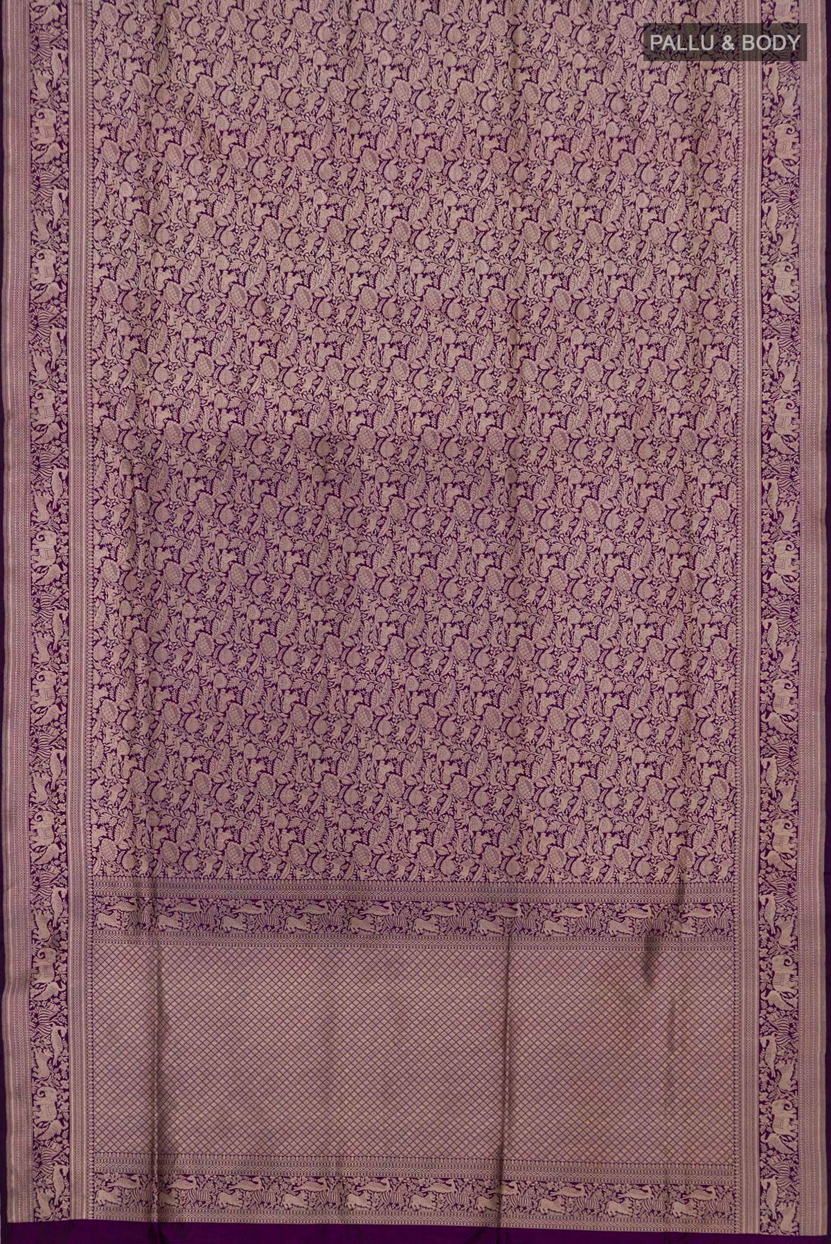 Flat view of Pure Silk Purple Banarasi Saree with Zari Brocade on the body and Zari Border. 