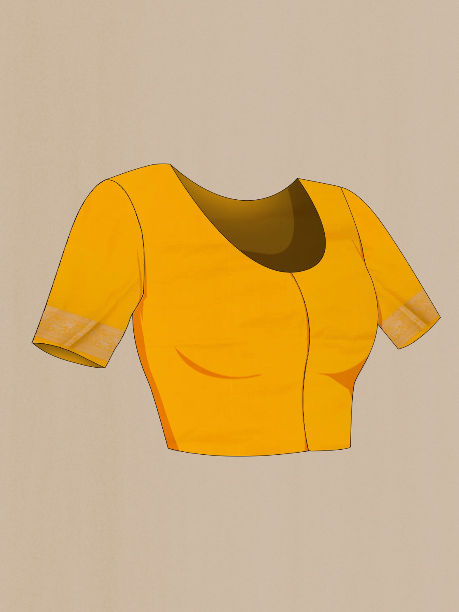 Close up image of the blouse of Yellow Banarasi Saree with Zari Brocade on the body and Fancy Border. 