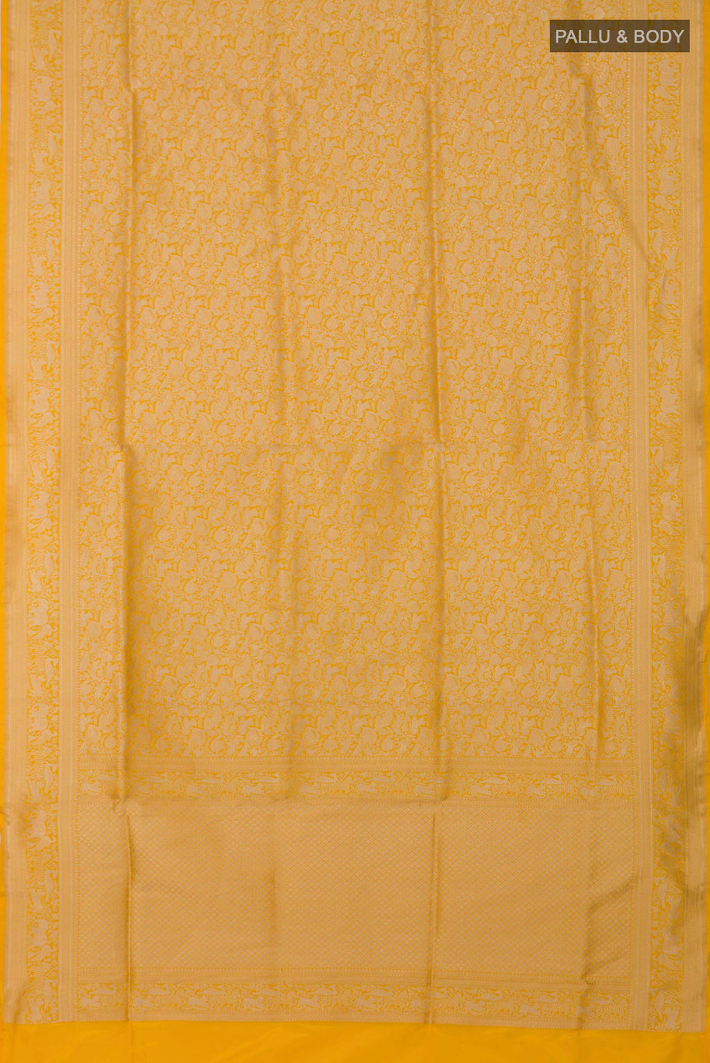 Flat view of Yellow Banarasi Saree with Zari Brocade on the body and Fancy Border. 