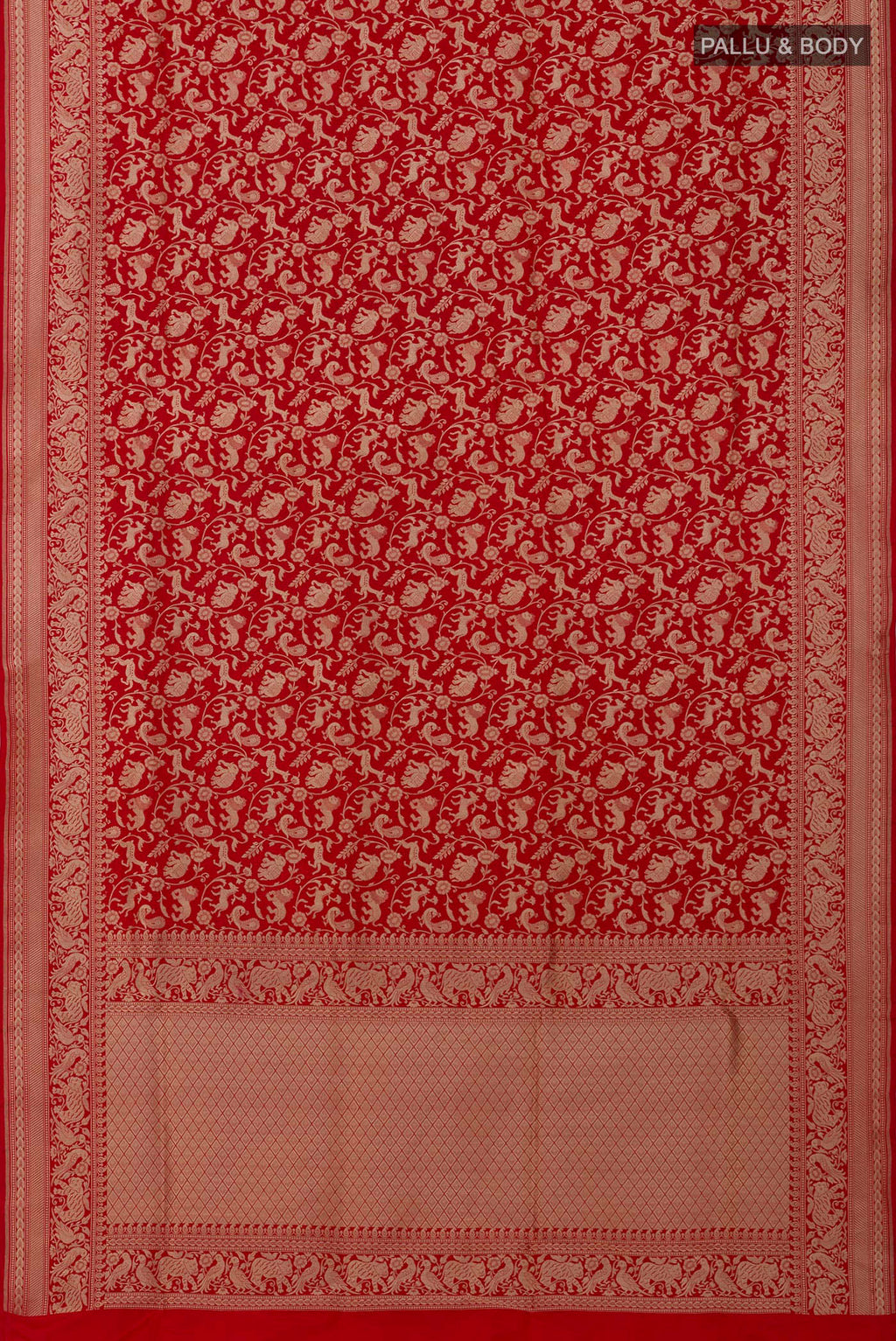Flat view of Red Banarasi Silk Saree with Zari Brocade on the body and Zari Border. 