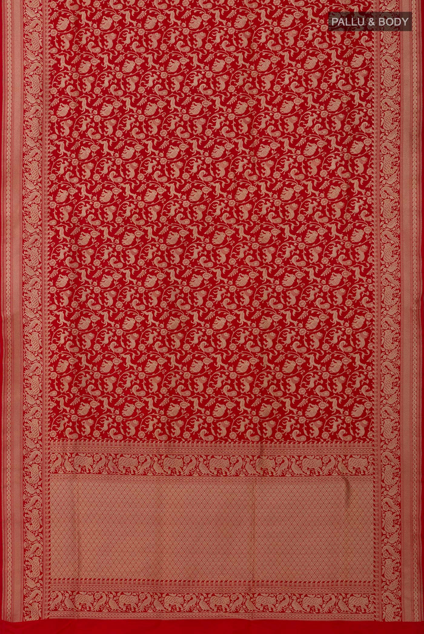 Flat view of Red Banarasi Silk Saree with Zari Brocade on the body and Zari Border. 