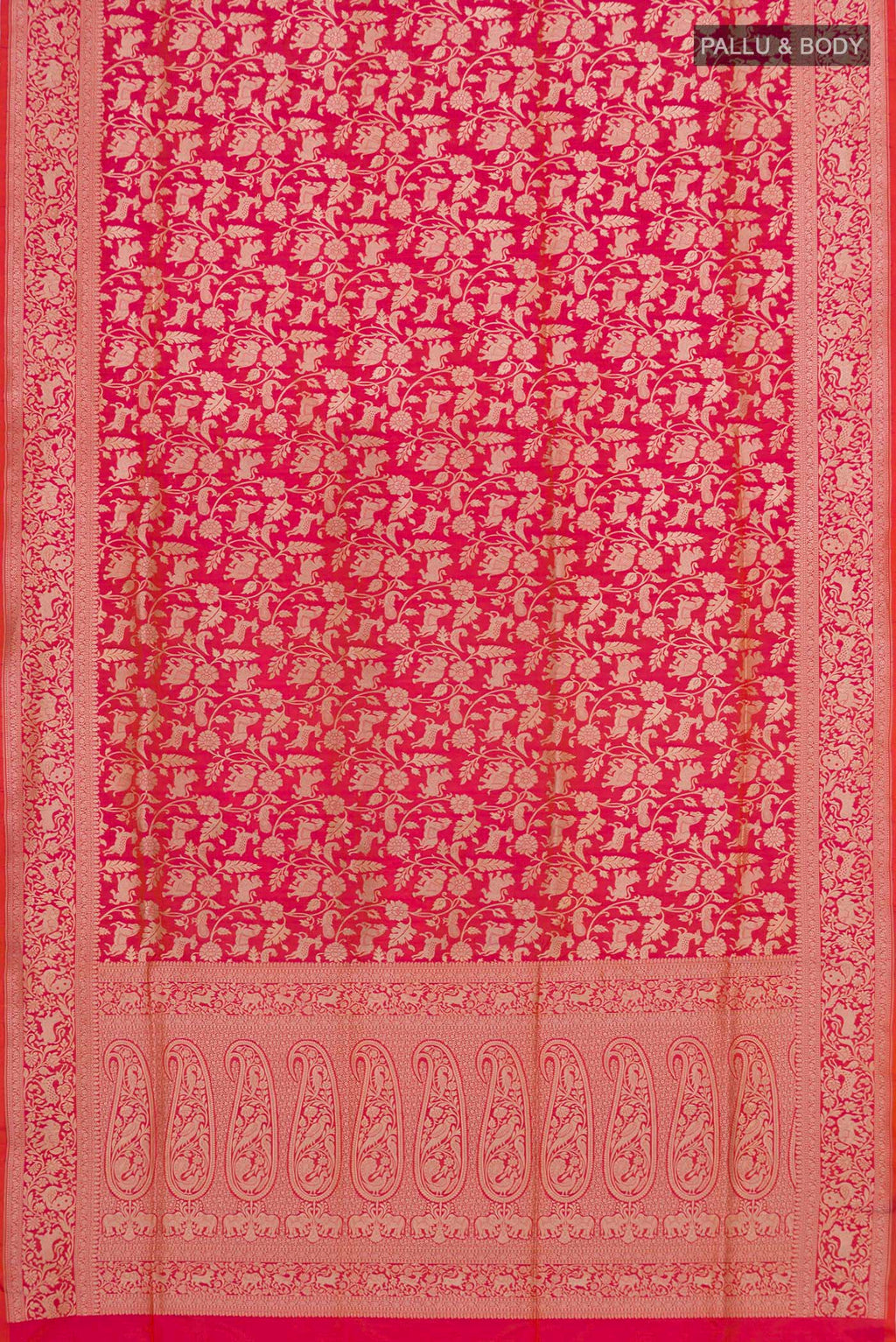 Flat view of Pink with Orange Color Banarasi Silk Saree with Zari Brocade on the body and Fancy Border. 
