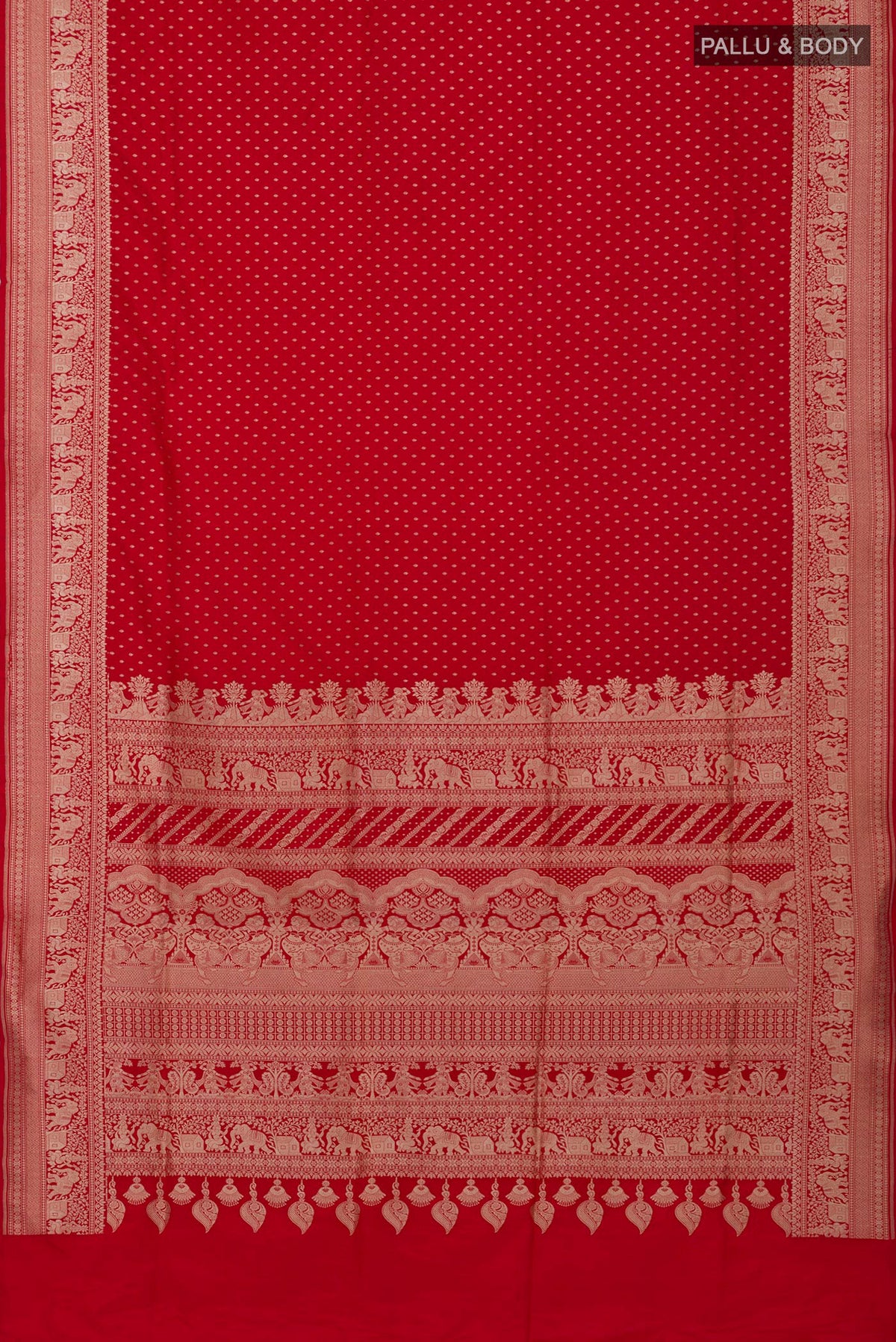 Flat view of Red Banarasi Saree with Zari Butta on the body and Fancy Border. 