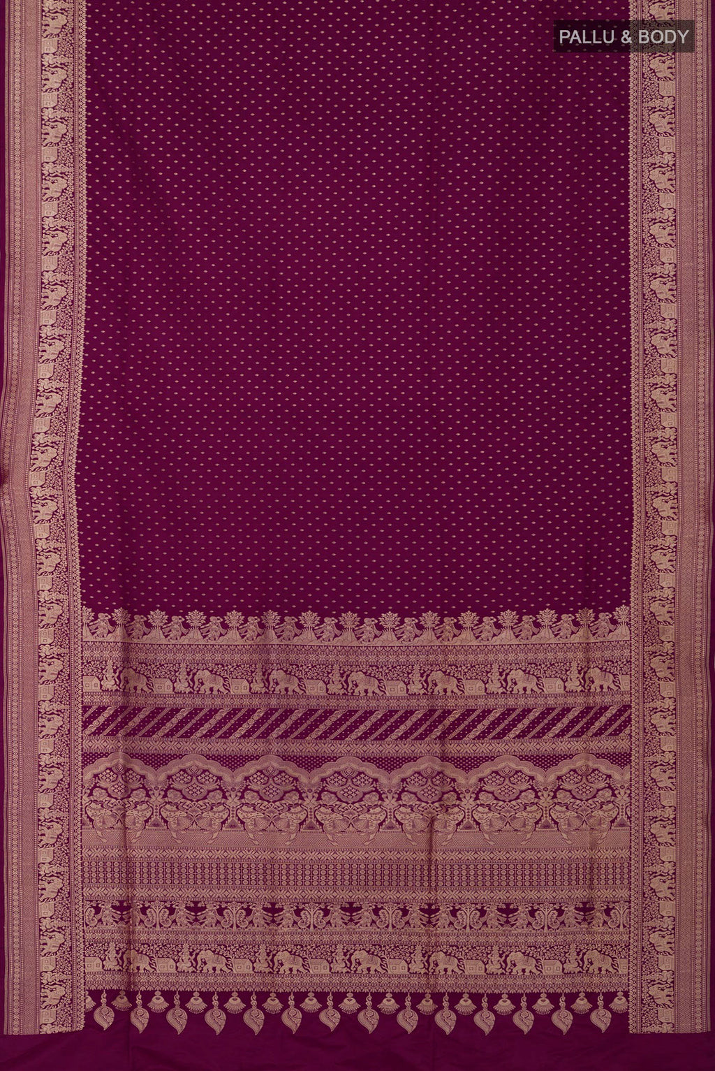 Flat view of Purple Banarasi Silk Saree with Zari Butta on the body and Zari Border. 