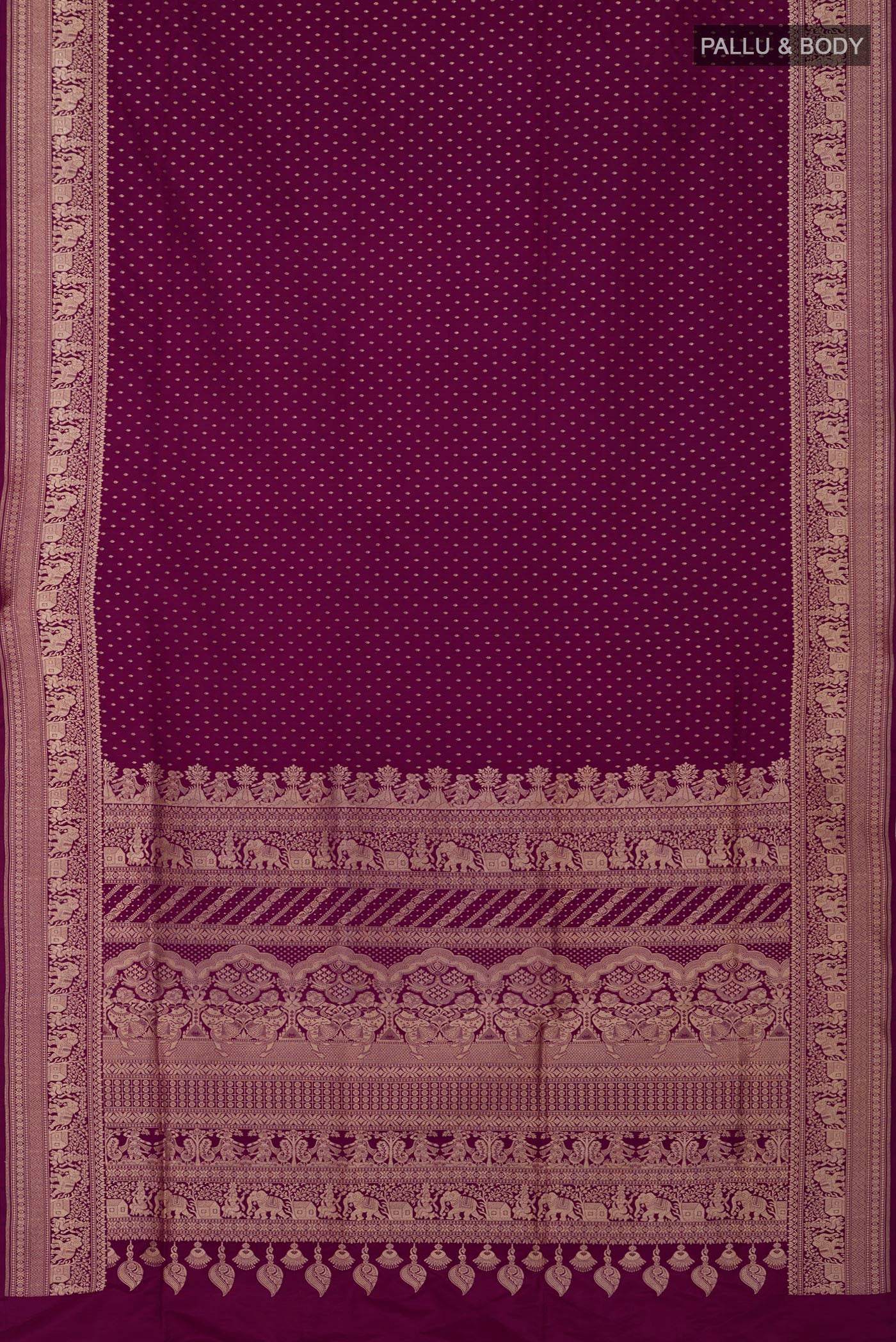 Flat view of Purple Banarasi Silk Saree with Zari Butta on the body and Zari Border. 
