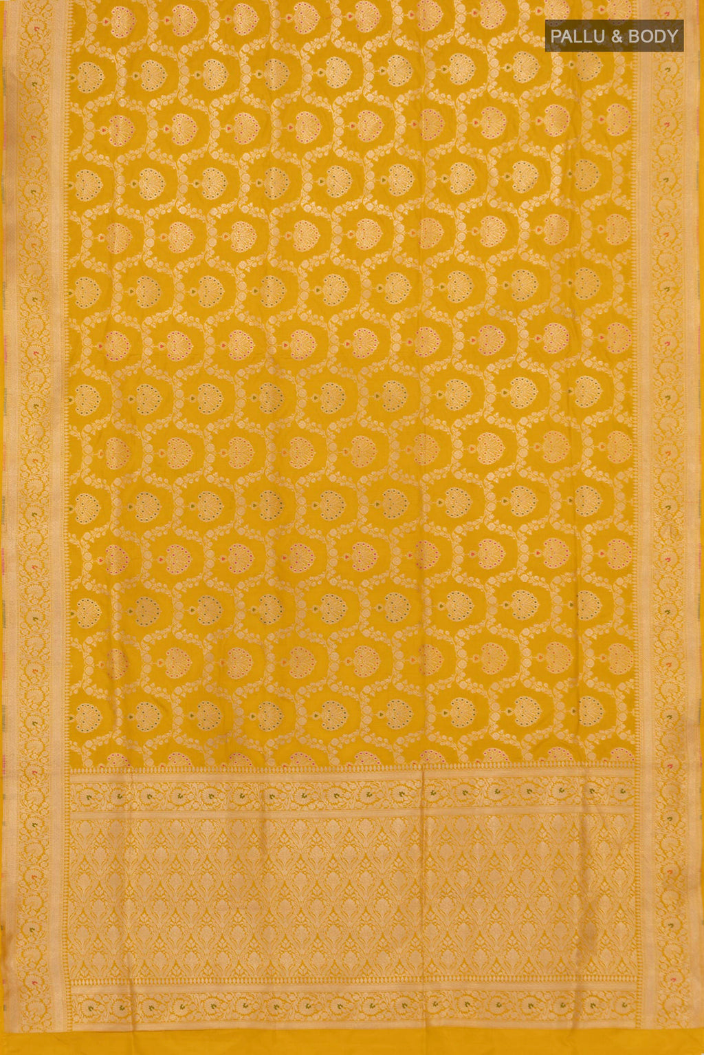 Flat view of Yellow Banarasi Saree with Zari Brocade on the body and Fancy Border. 