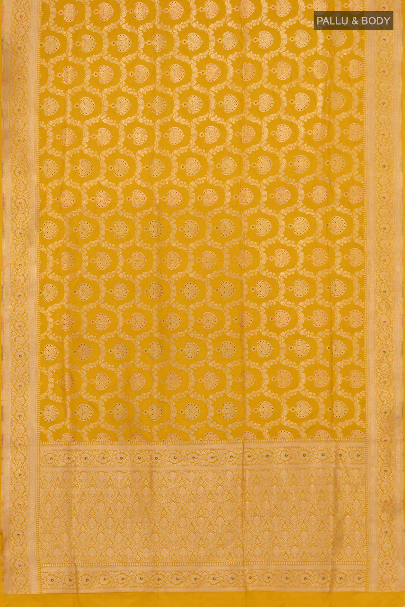 Flat view of Yellow Banarasi Saree with Zari Brocade on the body and Fancy Border. 