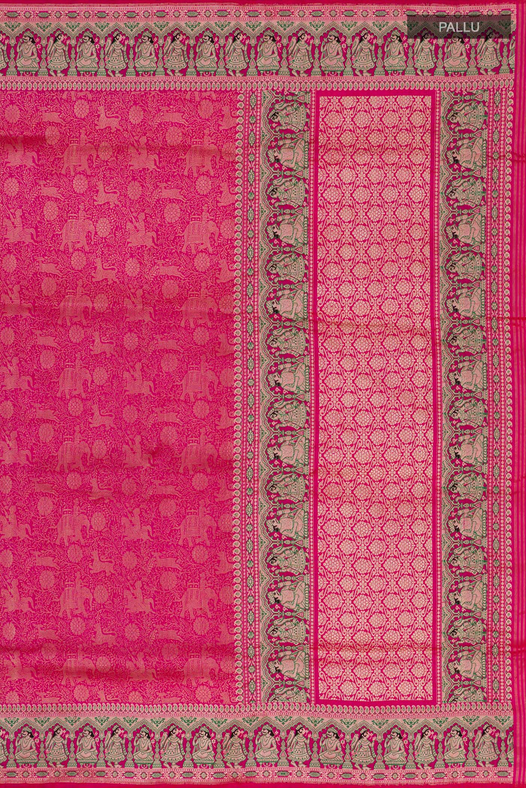Close up image of the pallu of Pink Banarasi Silk Saree with Zari Brocade on the body and Fancy Border. 