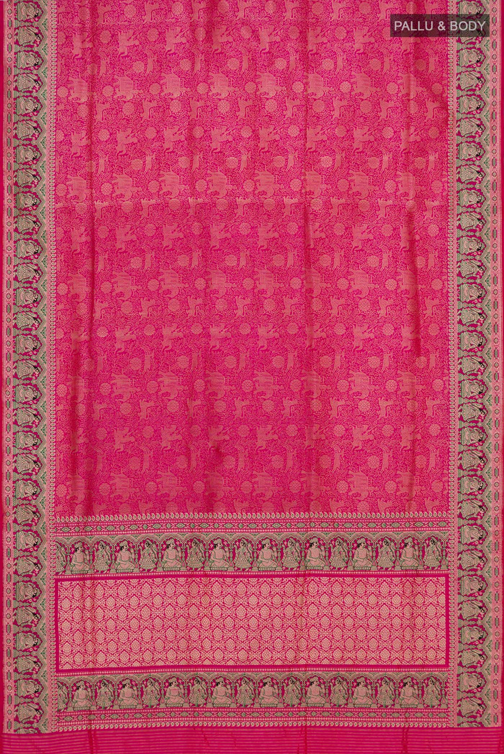 Flat view of Pink Banarasi Silk Saree with Zari Brocade on the body and Fancy Border. 