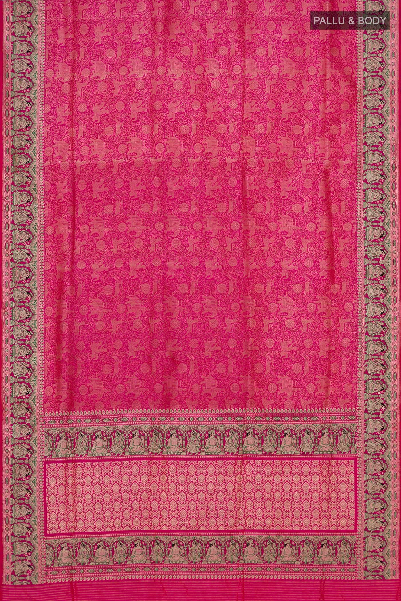 Flat view of Pink Banarasi Silk Saree with Zari Brocade on the body and Fancy Border. 