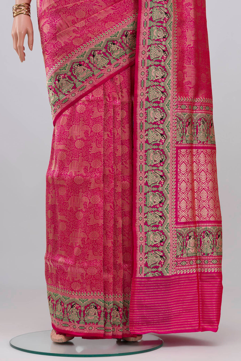 Pleats and pallu of Pink Banarasi Silk Saree with Zari Brocade on the body and Fancy Border. 