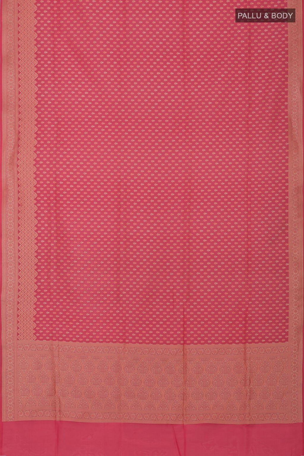 Flat view of Coral Banarasi Silk Saree with Zari Butta on the body and Zari Border. 