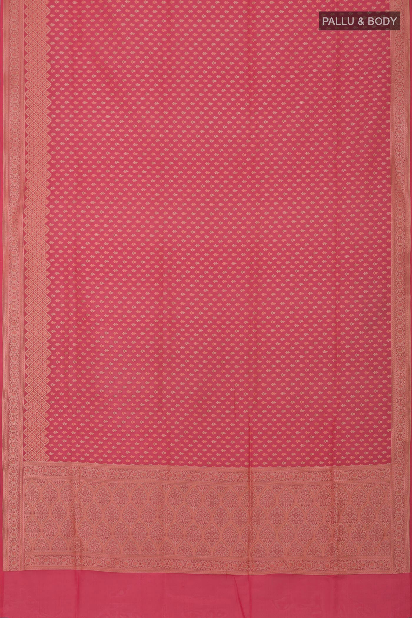 Flat view of Coral Banarasi Silk Saree with Zari Butta on the body and Zari Border. 