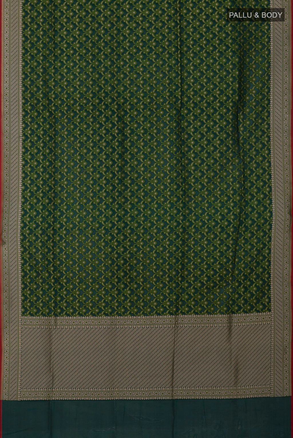 Flat view of Green Banarasi Saree with Fancy on the body and Fancy Border. 