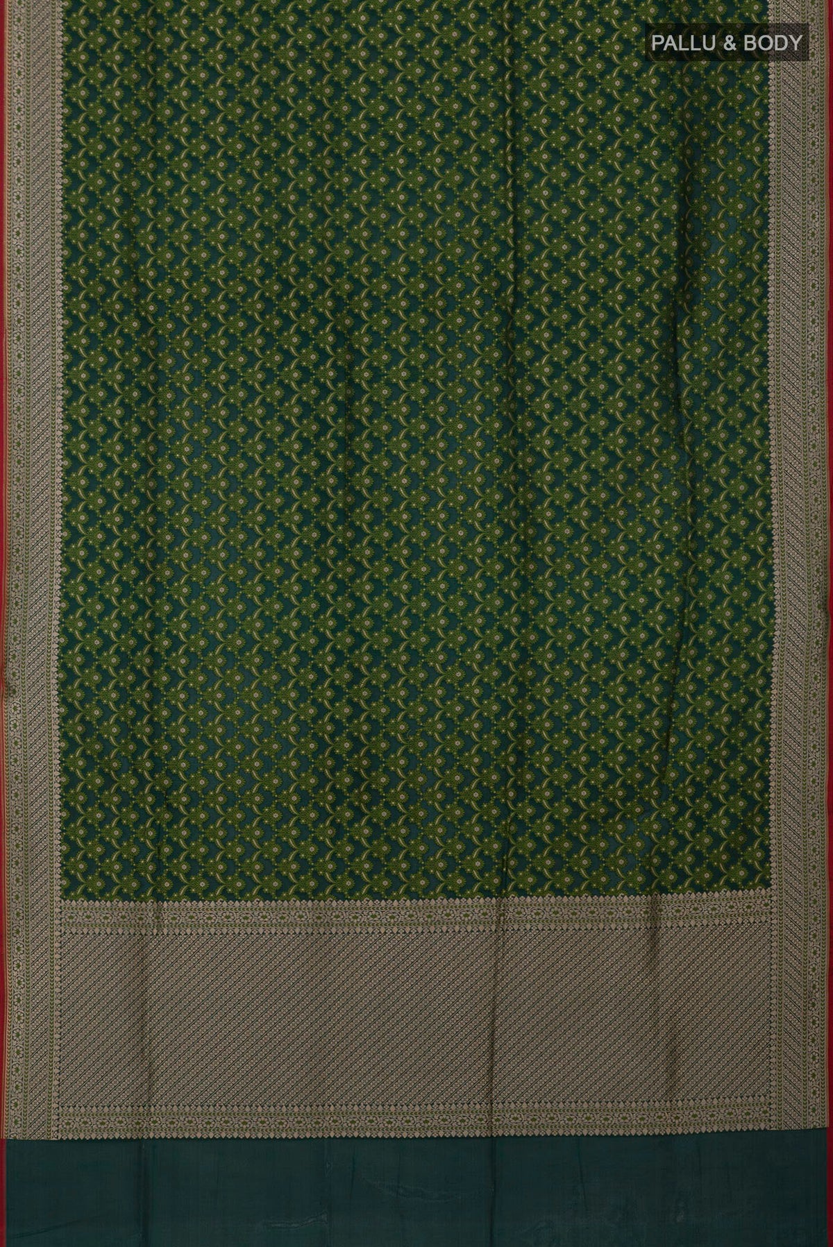 Flat view of Green Banarasi Saree with Fancy on the body and Fancy Border. 