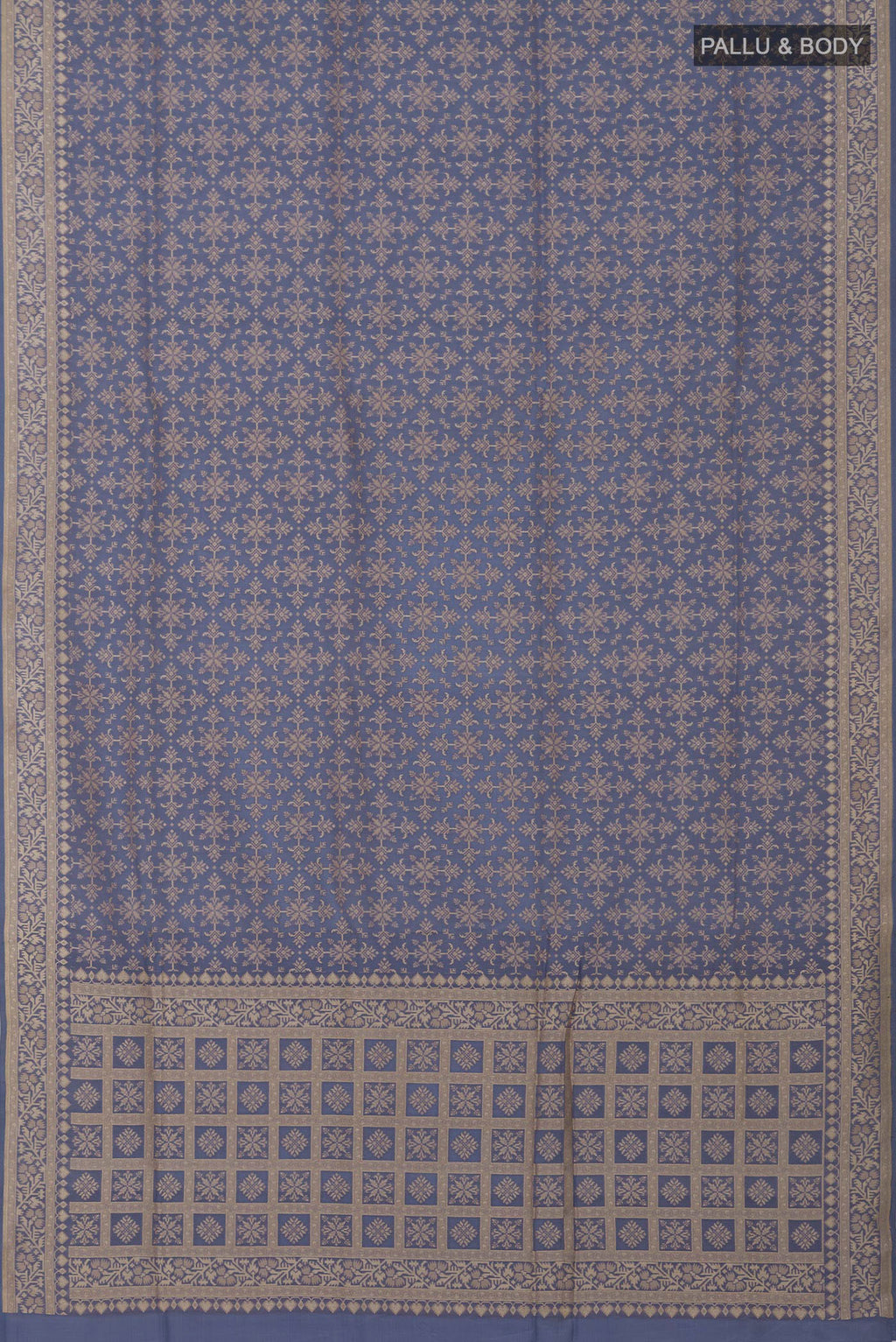 Flat view of Blue Grey Banarasi Saree with Fancy on the body and Fancy Border. 