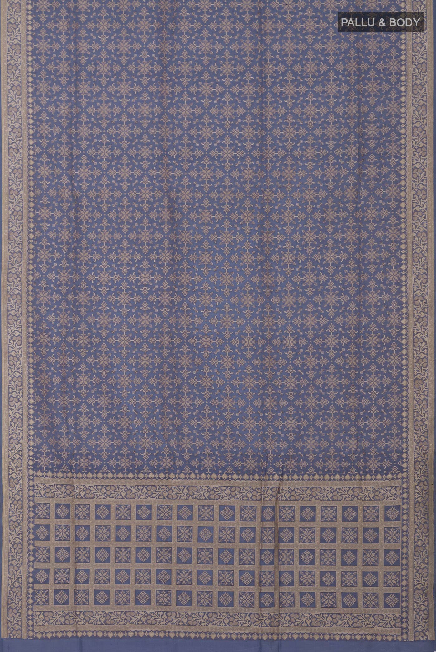 Flat view of Blue Grey Banarasi Saree with Fancy on the body and Fancy Border. 