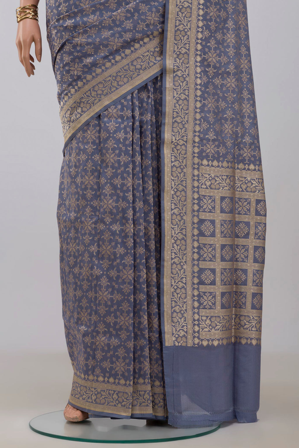 Pleats and pallu of Blue Grey Banarasi Saree with Fancy on the body and Fancy Border. 