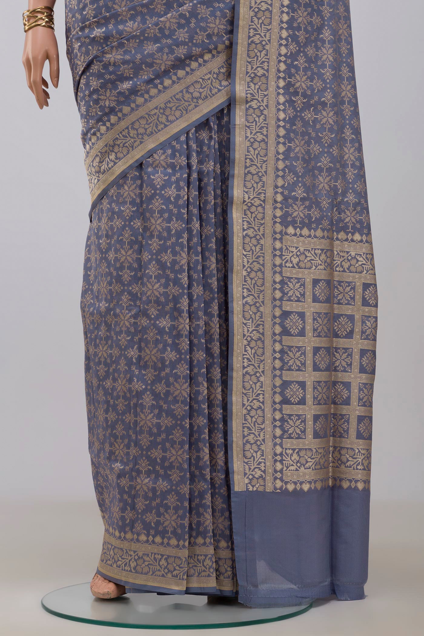 Pleats and pallu of Blue Grey Banarasi Saree with Fancy on the body and Fancy Border. 