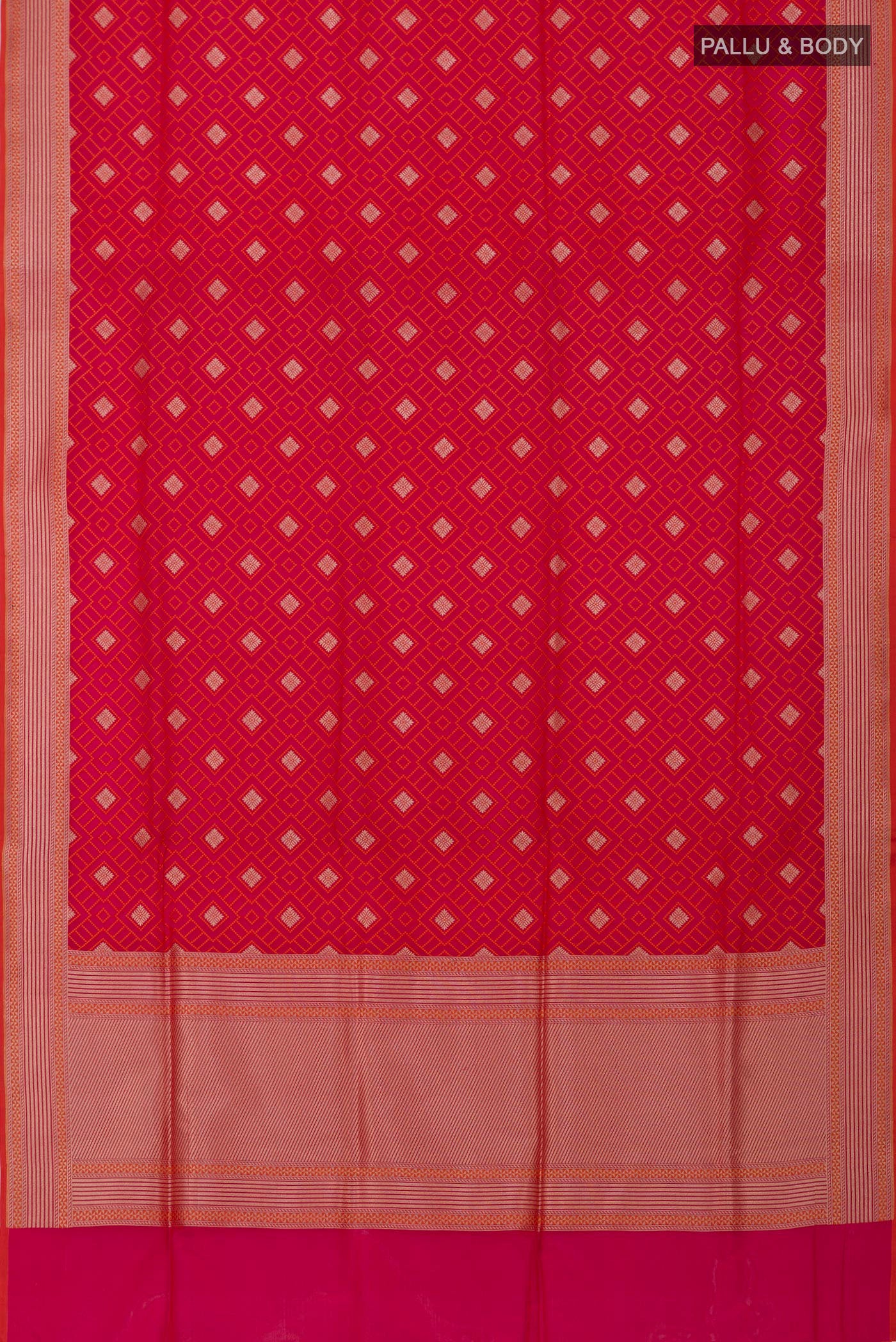 Flat view of Pink Banarasi Saree with Jacquard With Zari Butta on the body and Fancy Border. 