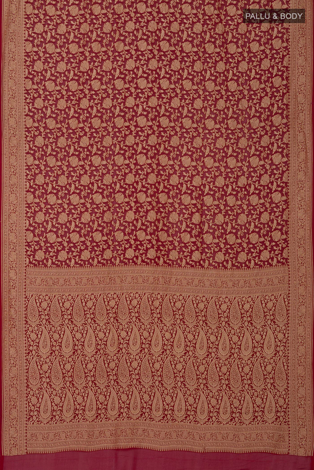 Flat view of Red Georgette Saree with Fancy on the body and Zari Border. 