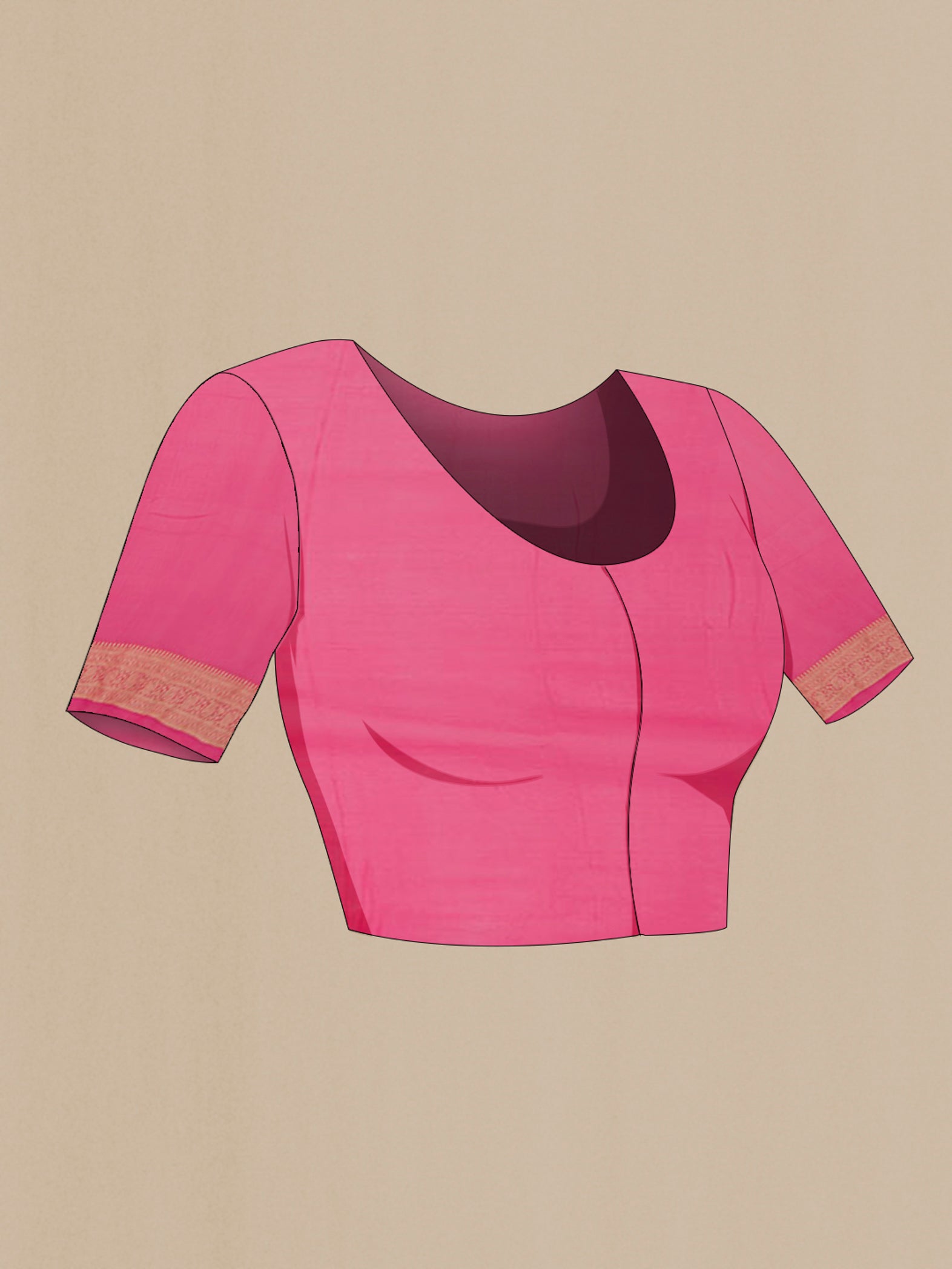 Close up image of the blouse of Pink Georgette Saree with Fancy on the body and Zari Border. 