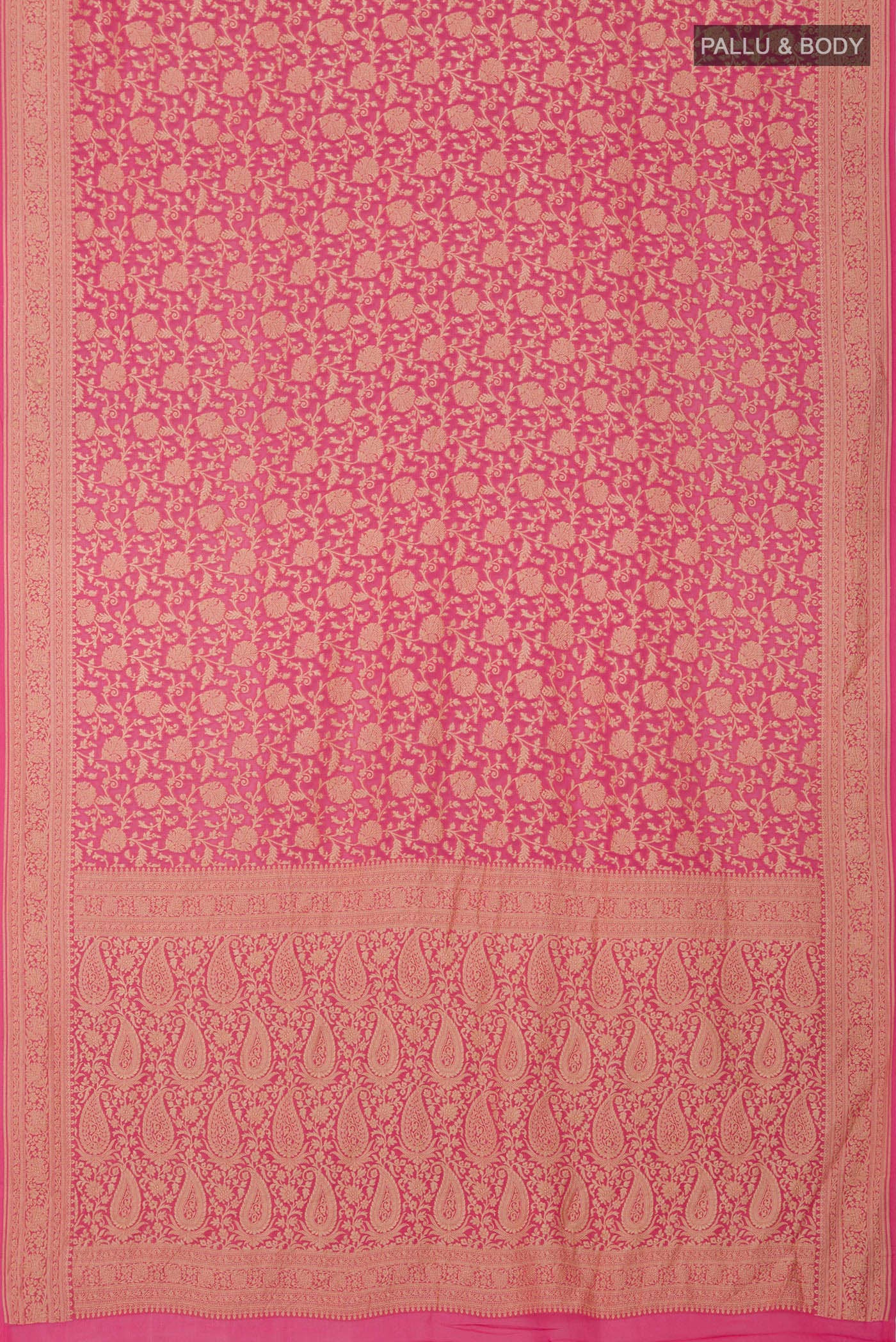 Flat view of Pink Georgette Saree with Fancy on the body and Zari Border. 