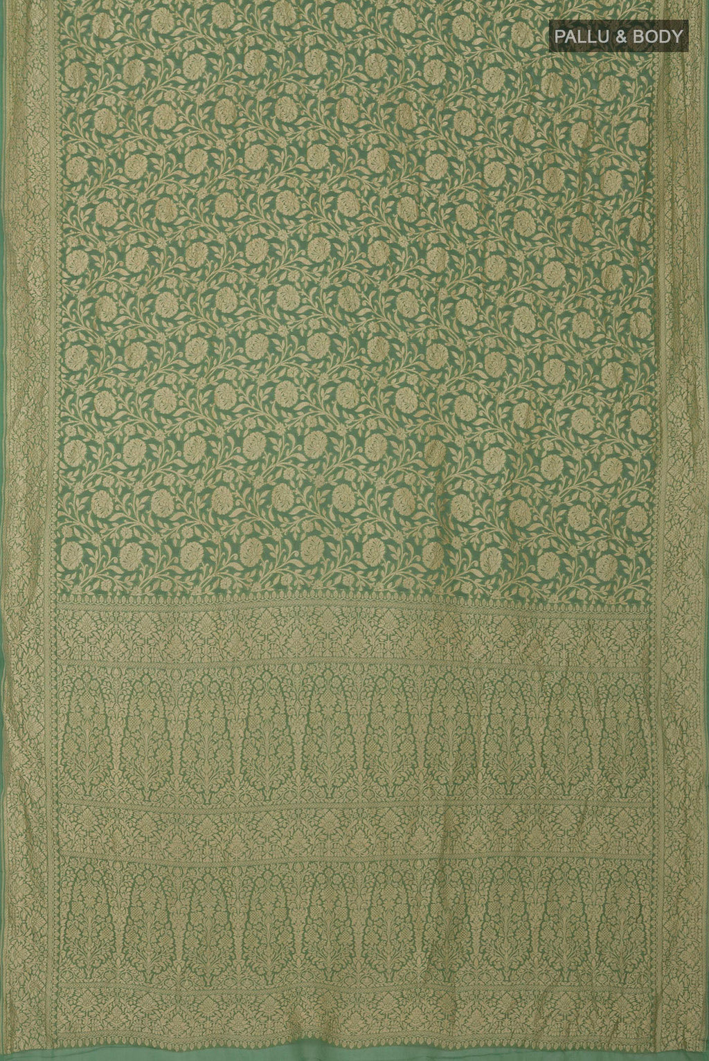 Flat view of Green Georgette Saree with Fancy on the body and Zari Border. 