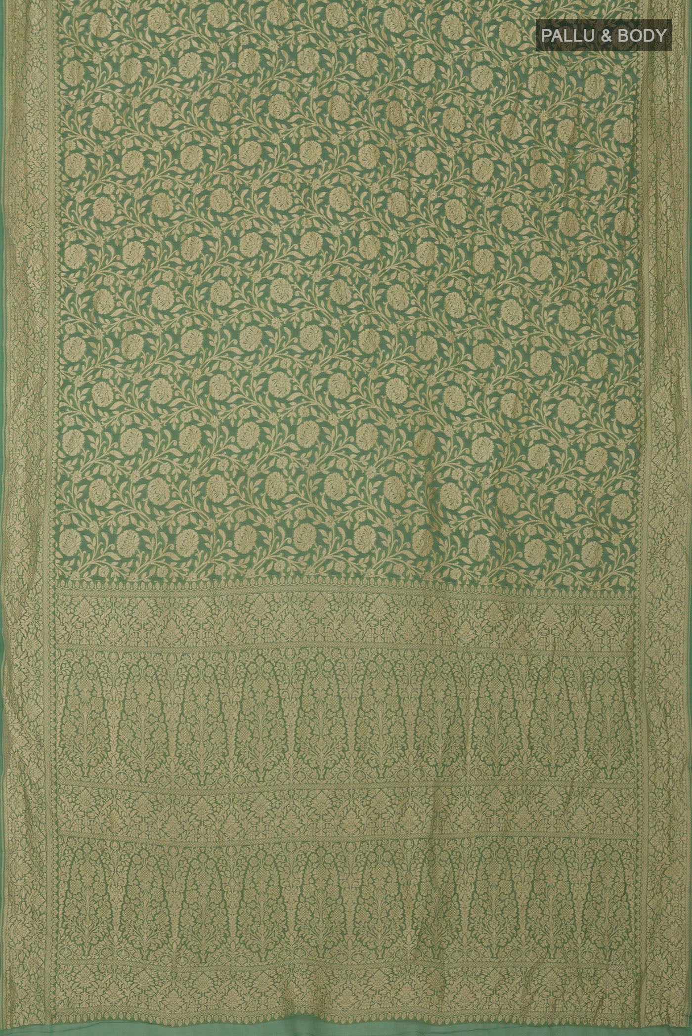 Flat view of Green Georgette Saree with Fancy on the body and Zari Border. 