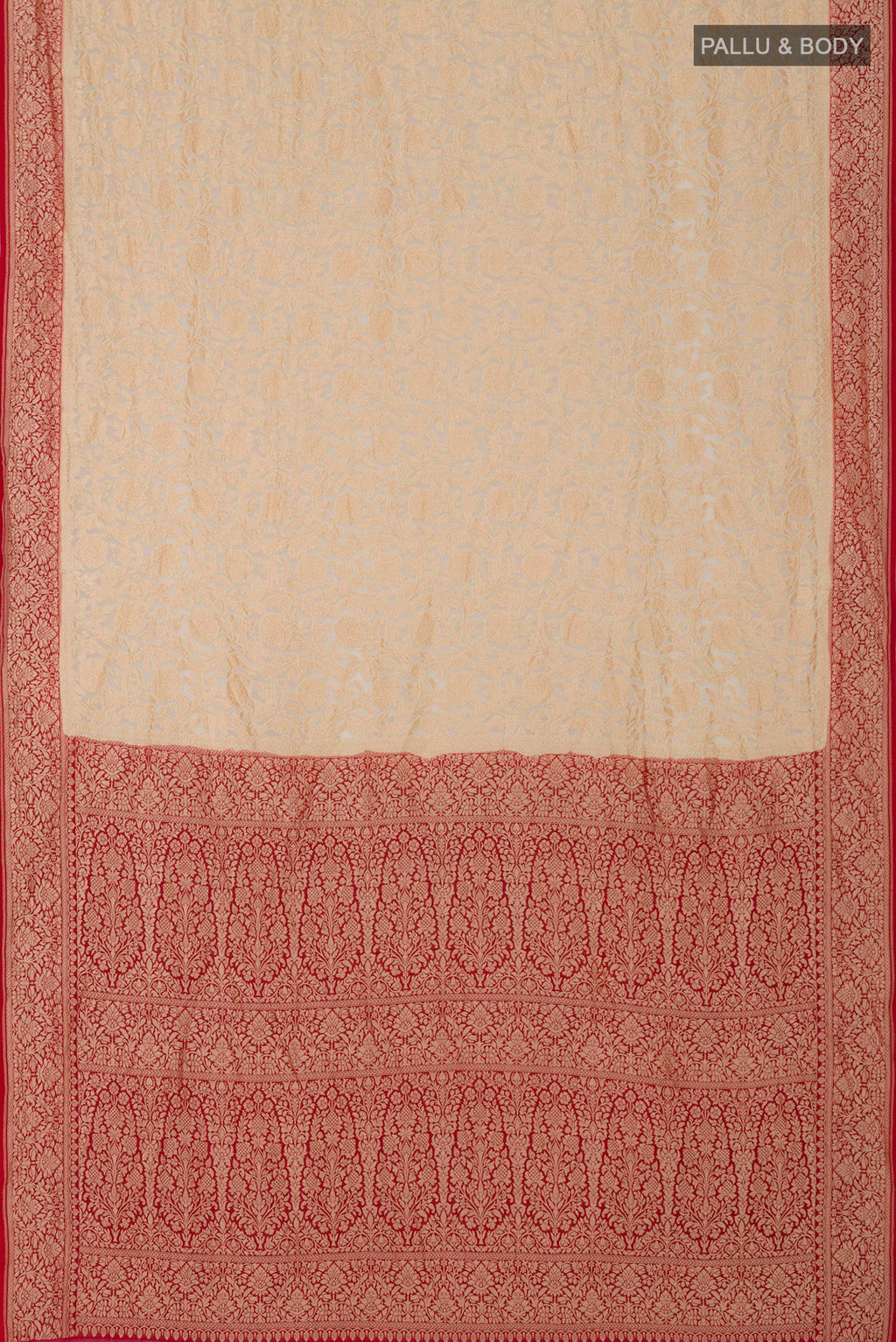 Flat view of Cream Georgette Saree with Fancy on the body and Zari Border. 