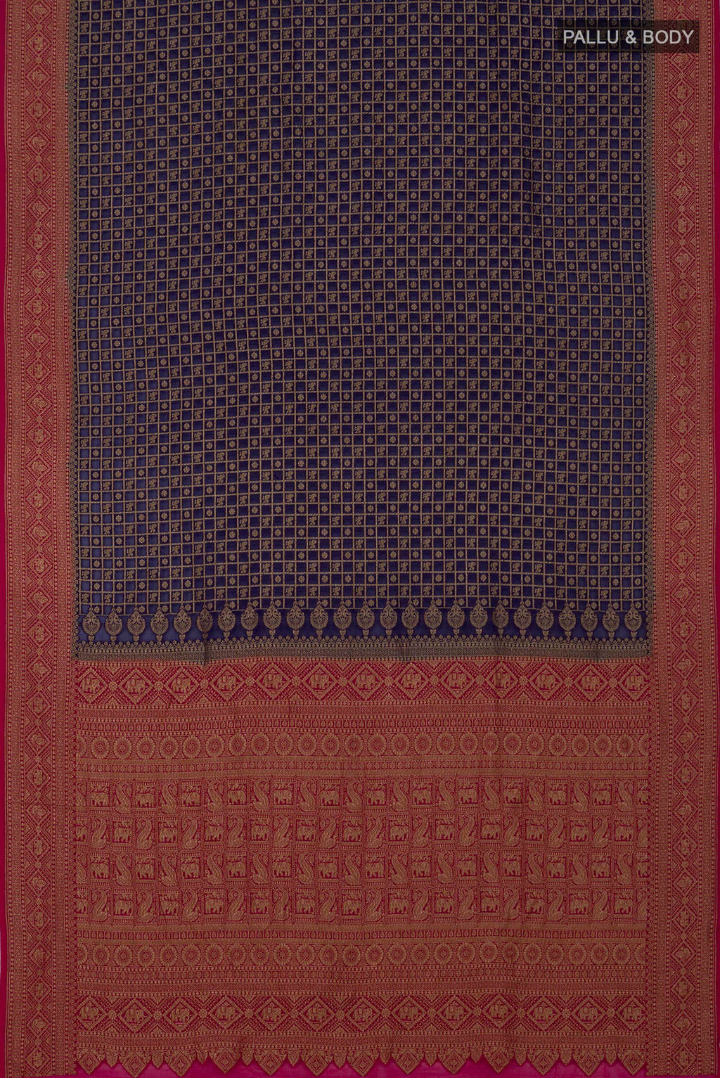 Flat view of Blue Georgette Saree with Fancy on the body and Zari Border. 