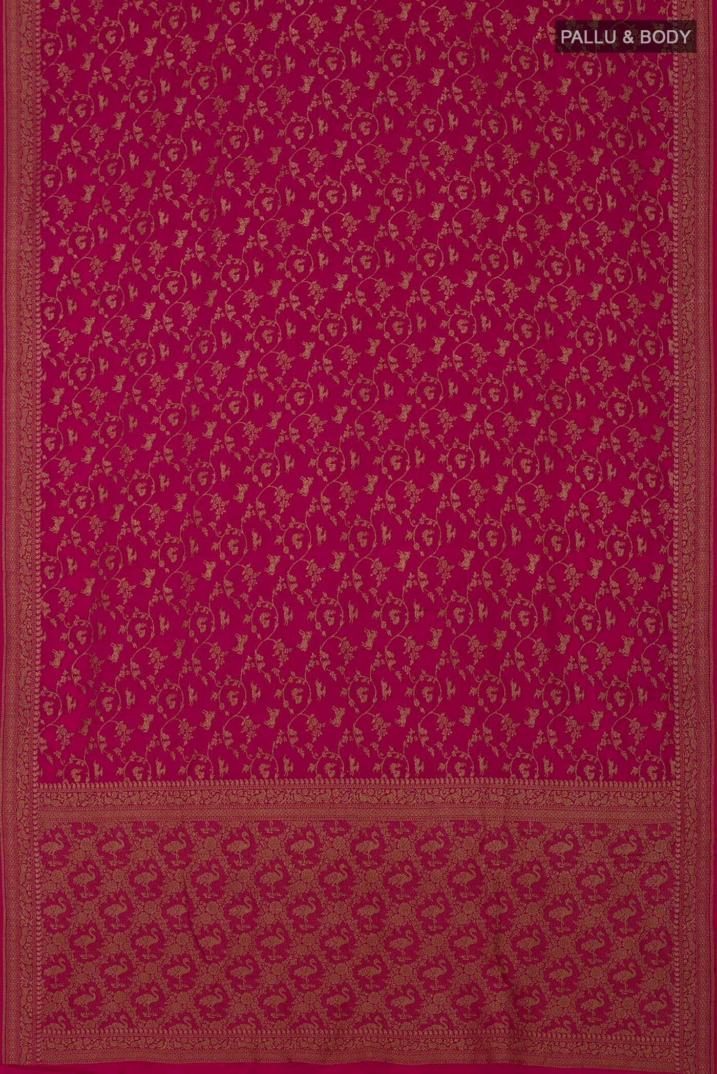 Flat view of Pink Georgette Saree with Fancy on the body and Zari Border. 