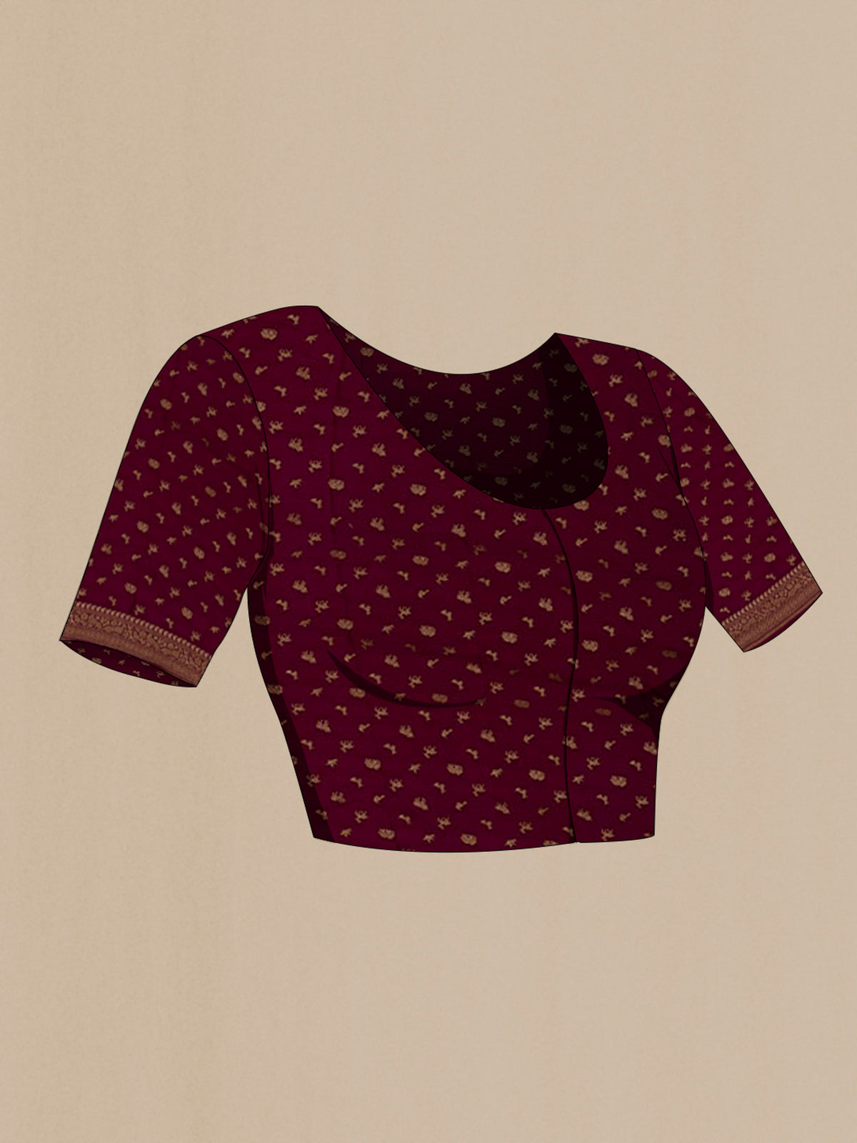 Close up image of the blouse of Brown Georgette Saree with Fancy on the body and Zari Border. 