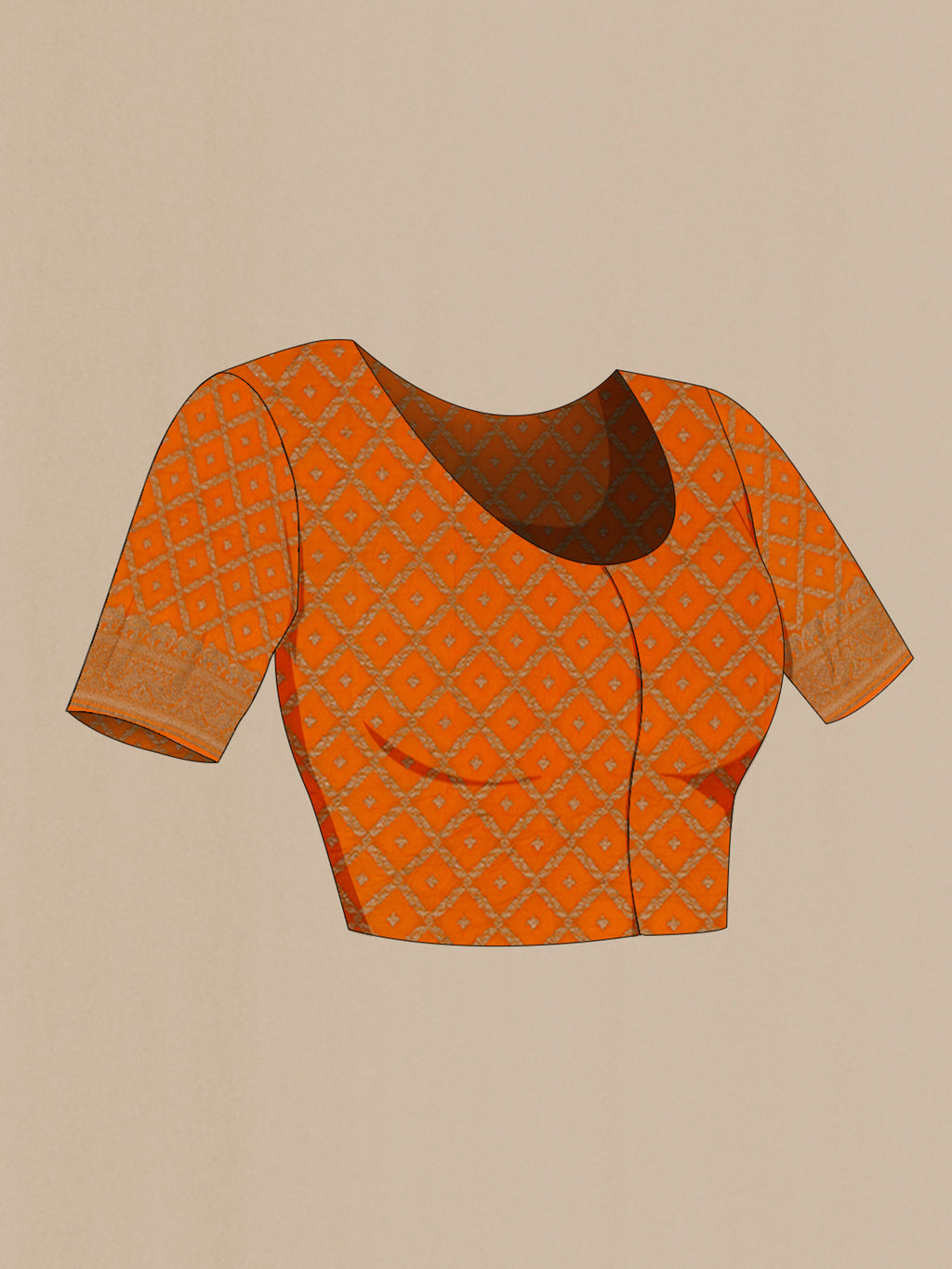 Close up image of the blouse of Orange Banarasi Georgette Saree with Plain Body and Zari Border. 