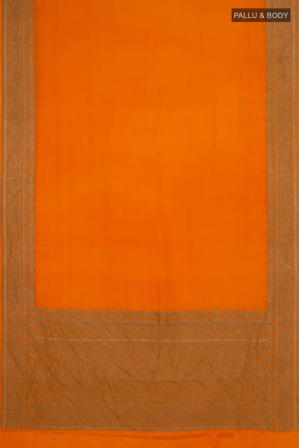 Flat view of Orange Banarasi Georgette Saree with Plain Body and Zari Border. 