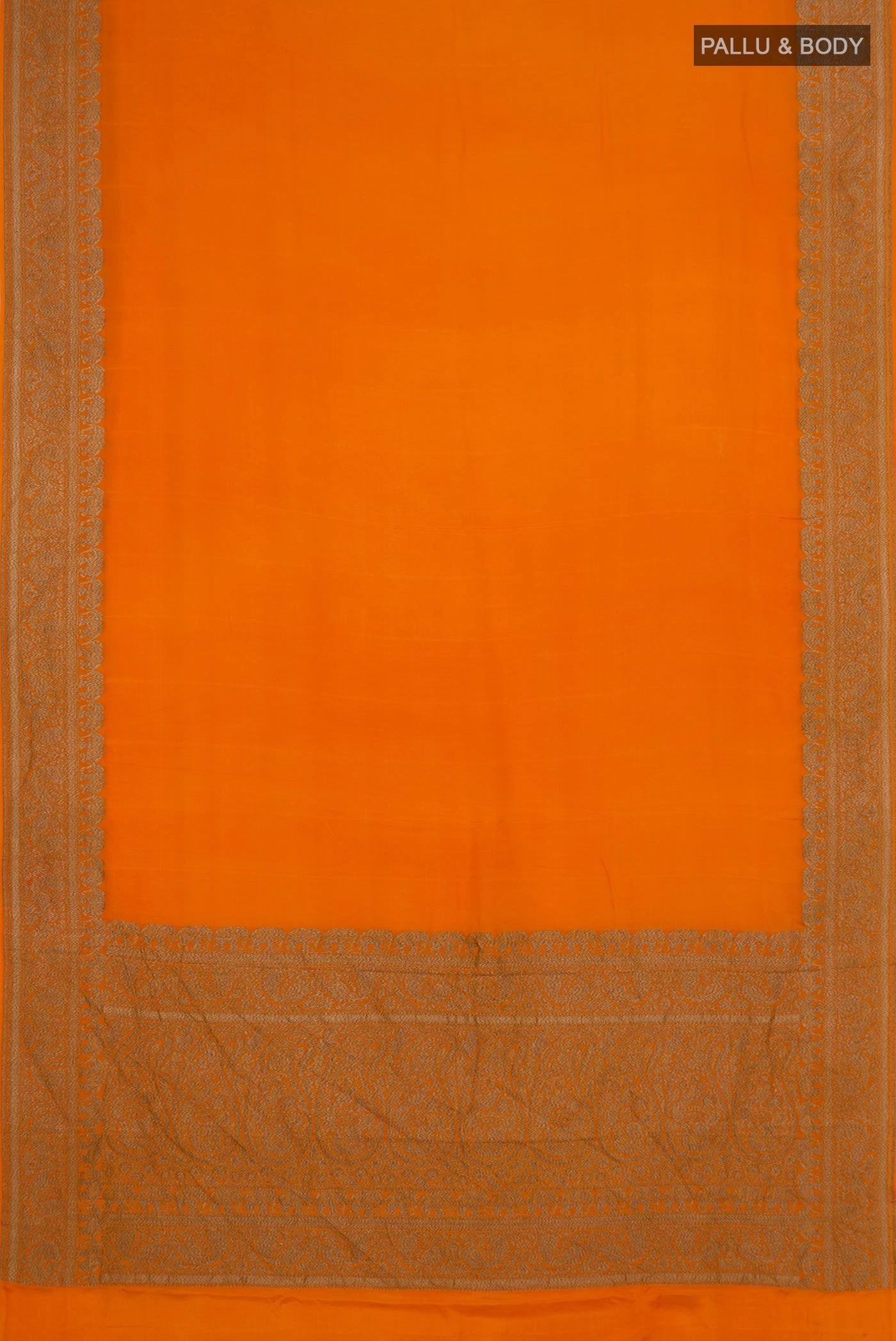 Flat view of Orange Banarasi Georgette Saree with Plain Body and Zari Border. 