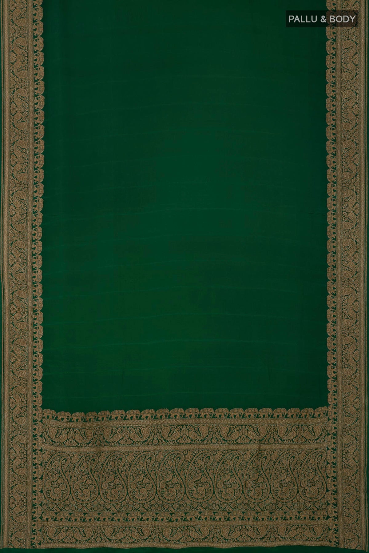 Flat view of Green Georgette Saree with Plain Body and Zari Border. 