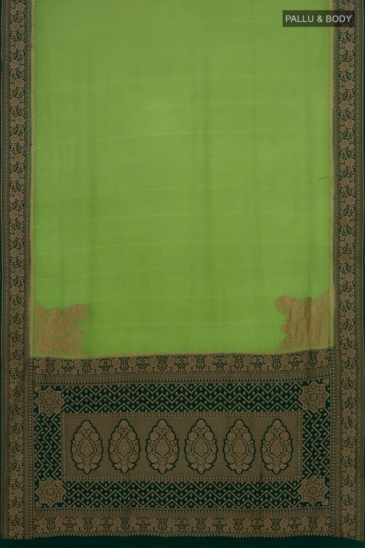 Flat view of Pista Green Banarasi Georgette Saree with Plain Body and Zari Border. 