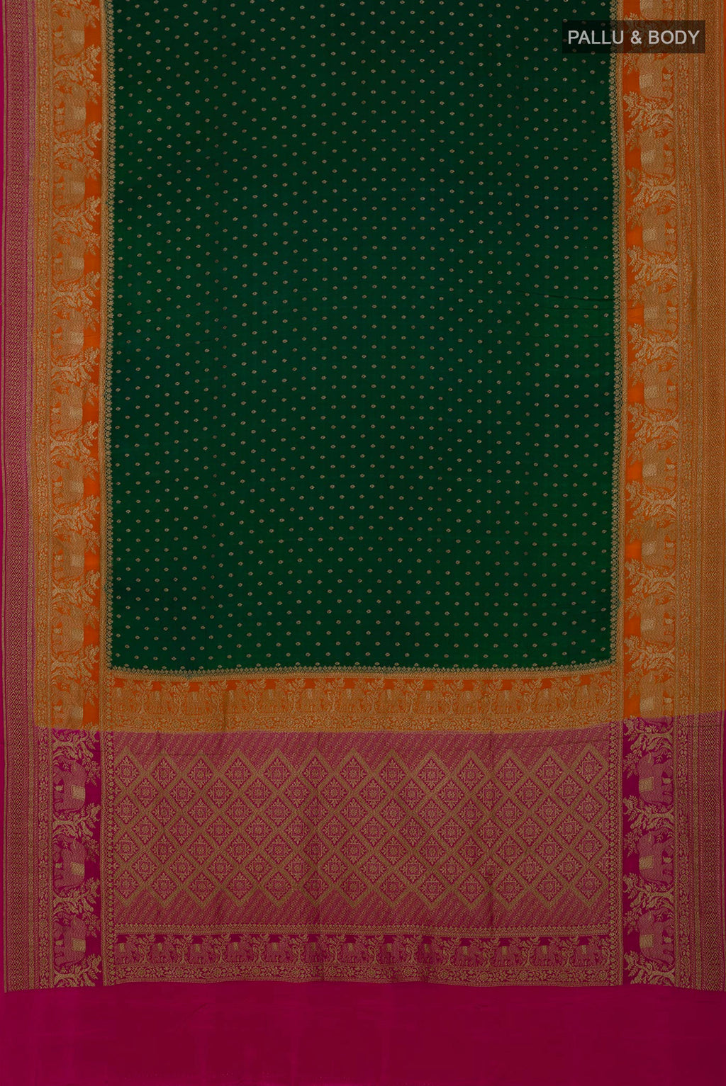 Flat view of Green Georgette Saree with Fancy on the body and Fancy Border. 