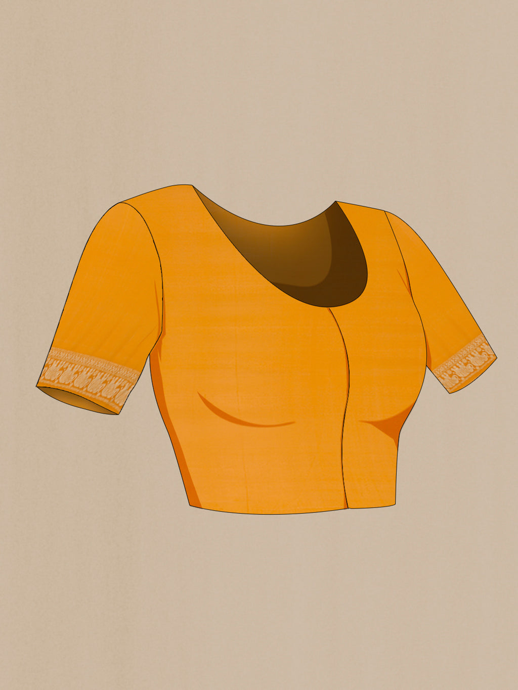 Close up image of the blouse of Yellow Banarasi Georgette Saree with Zari Brocade on the body and Zari Border. 