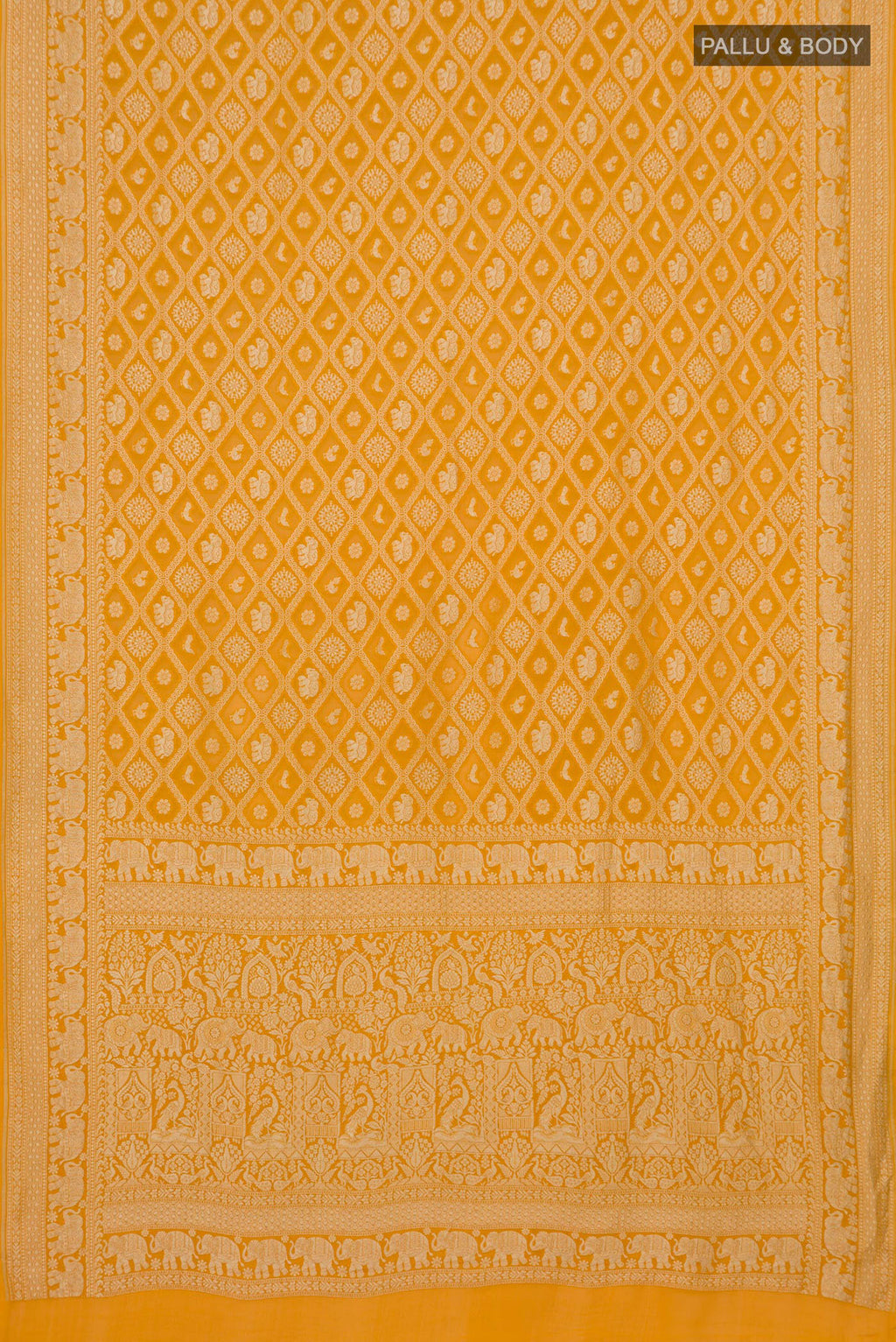 Flat view of Yellow Banarasi Georgette Saree with Zari Brocade on the body and Zari Border. 