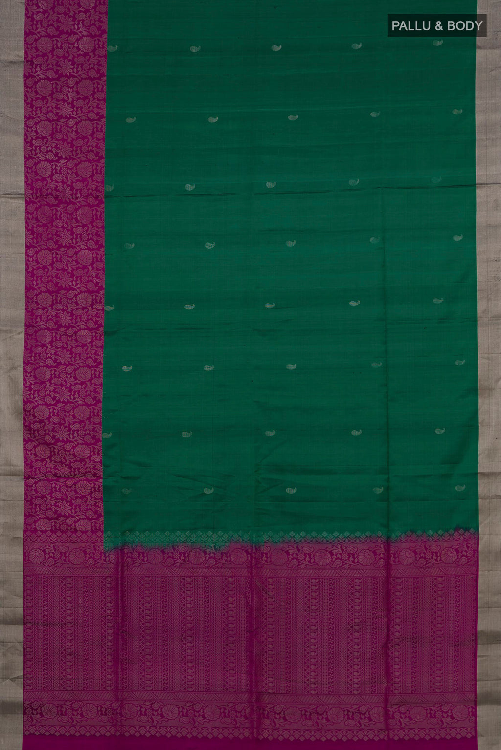 Flat view of Pure Silk Green Soft Saree with Zari Butta on the body and Zari Border. 