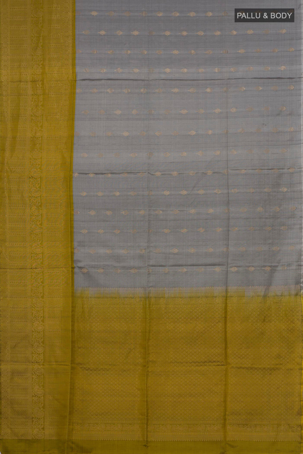Flat view of Pure Silk Grey Soft Saree with Zari Butta on the body and Fancy Border. 