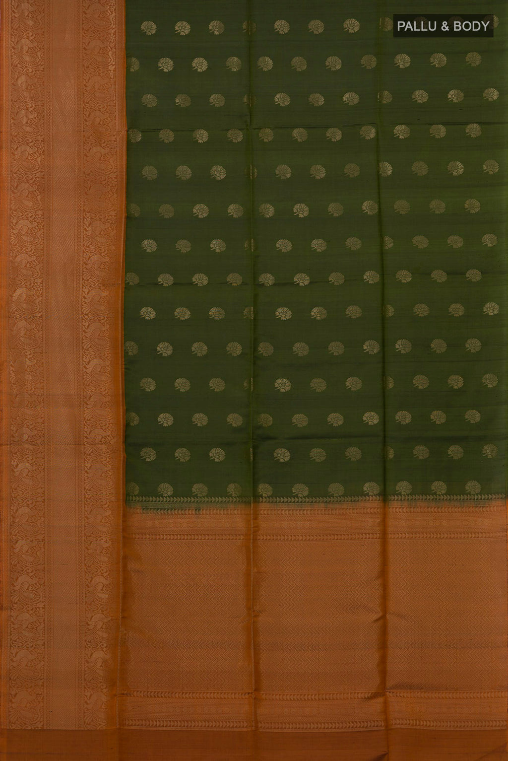 Flat view of Mehandi Green Soft Silk Saree with Zari Butta on the body and Fancy Border. 